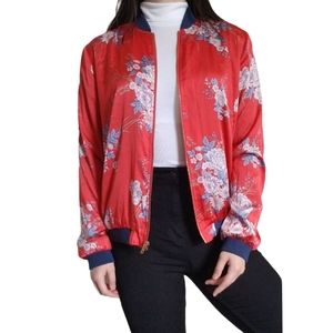 Red Floral Satin Bomber Jacket